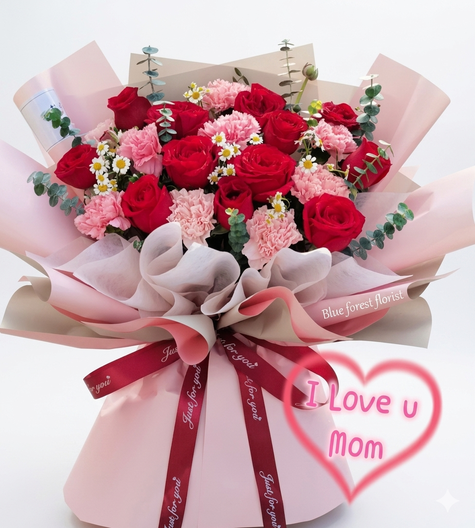 Mother's day精選*10支紅玫瑰配8支粉紅康乃馨花束