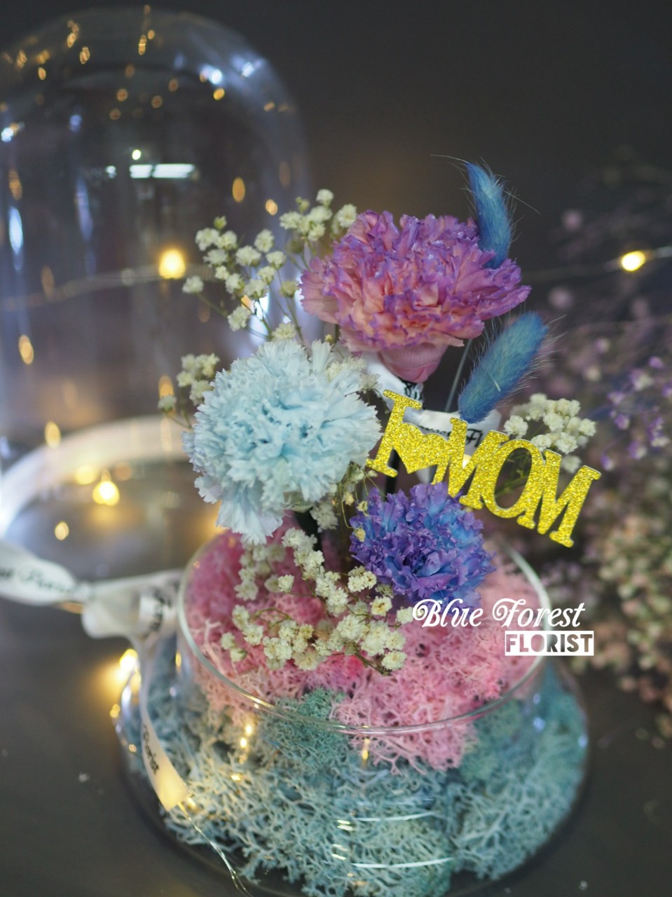 Mother's day 2023精选 *玻璃罩康乃馨保鲜花（漸变紫色/淺蓝）*可免费刻上名或祝福字句