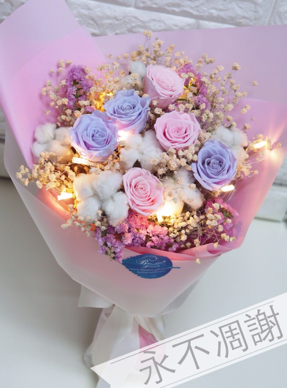 保鲜•爱*永不凋谢玫瑰保鲜花花束（淺紫色+粉红色）