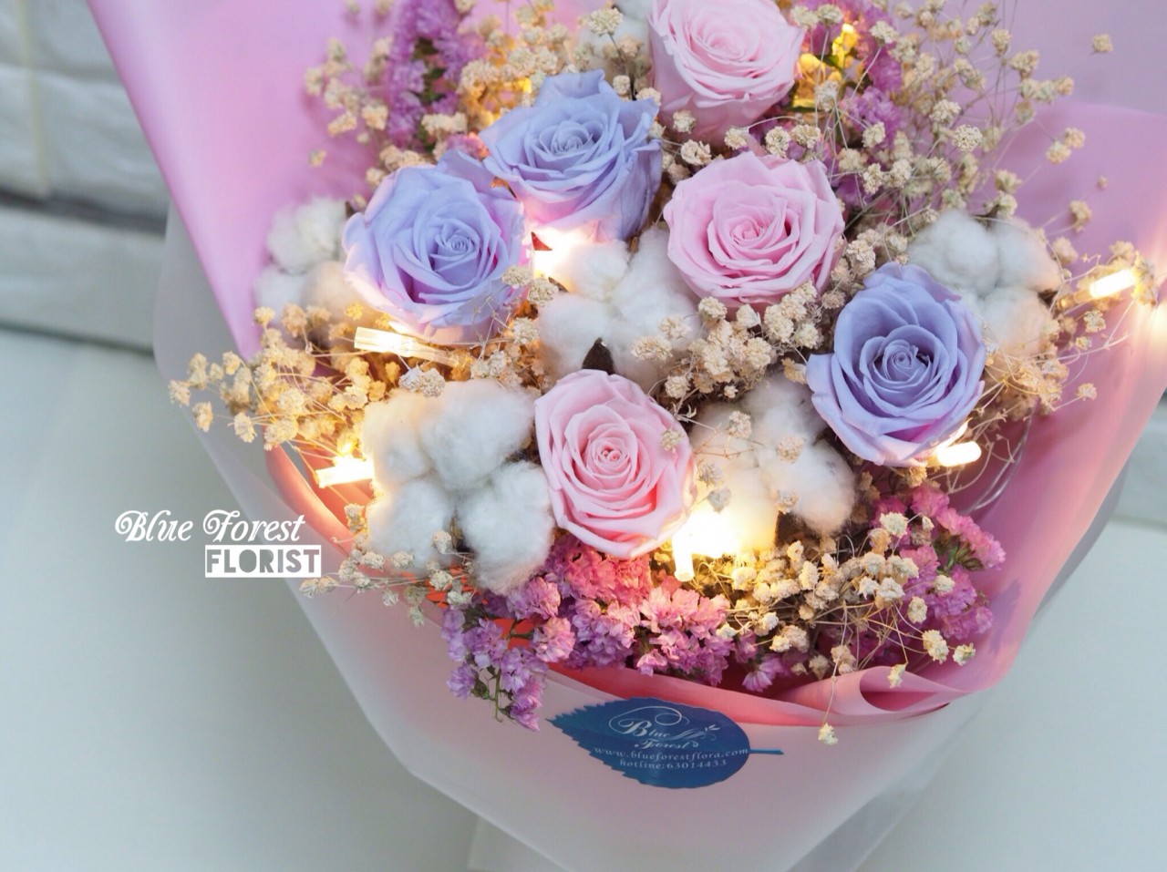 保鮮•愛*永不凋謝玫瑰保鮮花花束（淺紫色+粉紅色）