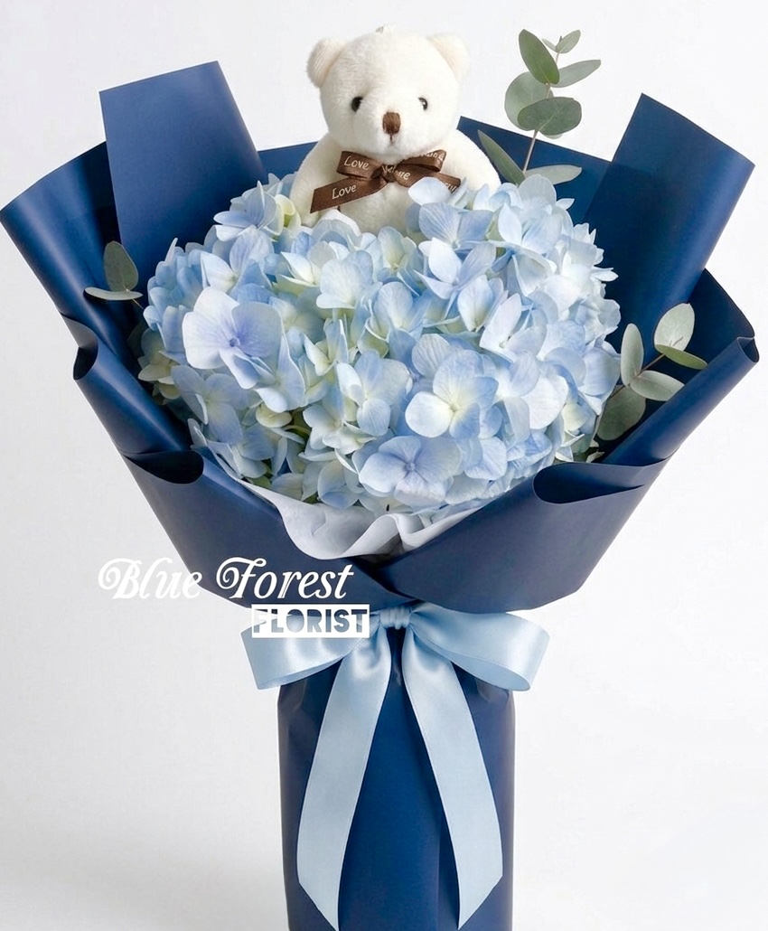 *小熊淺藍荷蘭秀球花束(附送teddy bear)