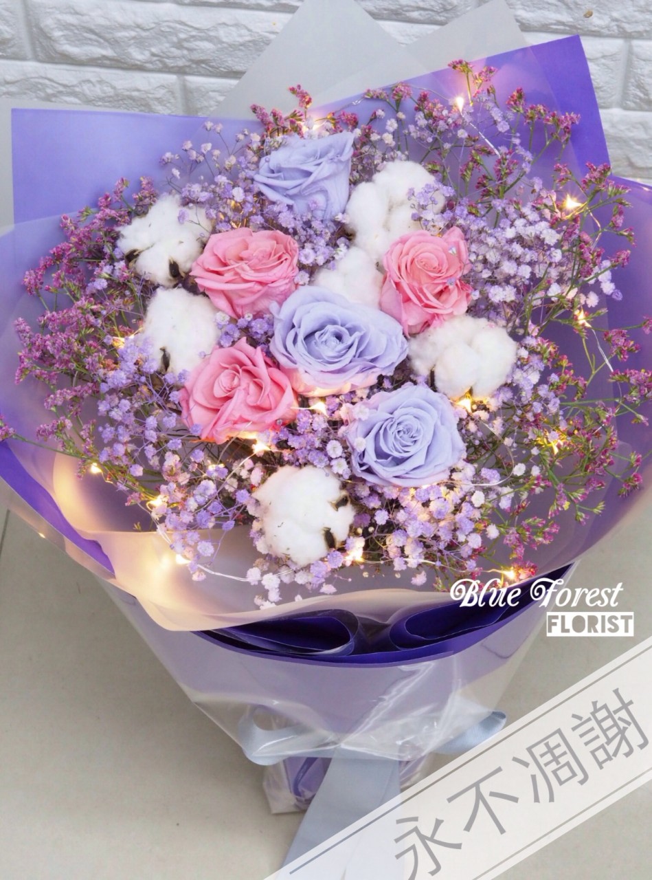 保鮮•愛*永不凋謝玫瑰保鮮花花束(淺紫色拼粉紅色)