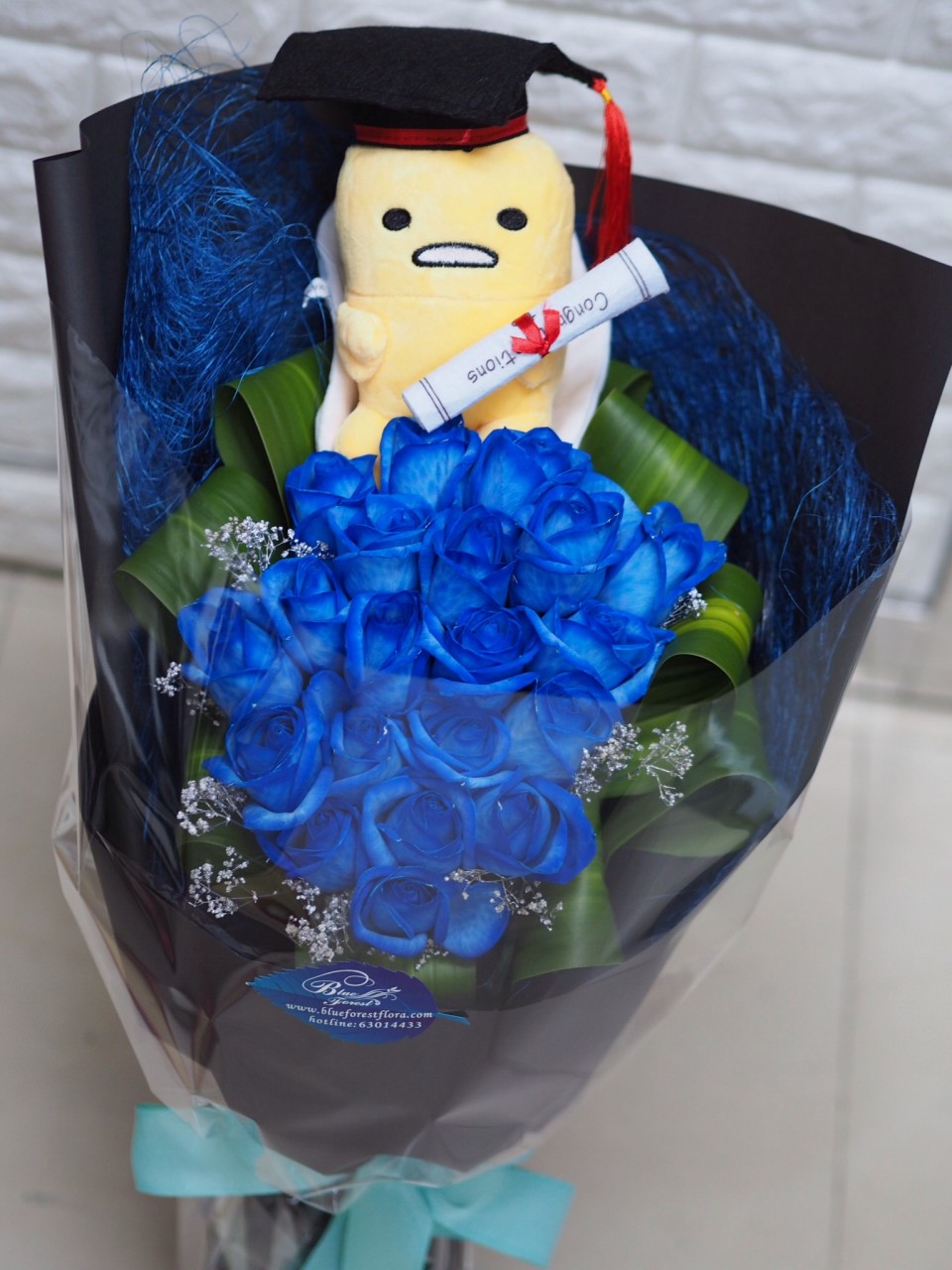 畢業花束*20枝旦黃哥荷蘭深藍玫瑰花束