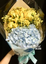黃玫瑰繡球配黃色滿天星花束