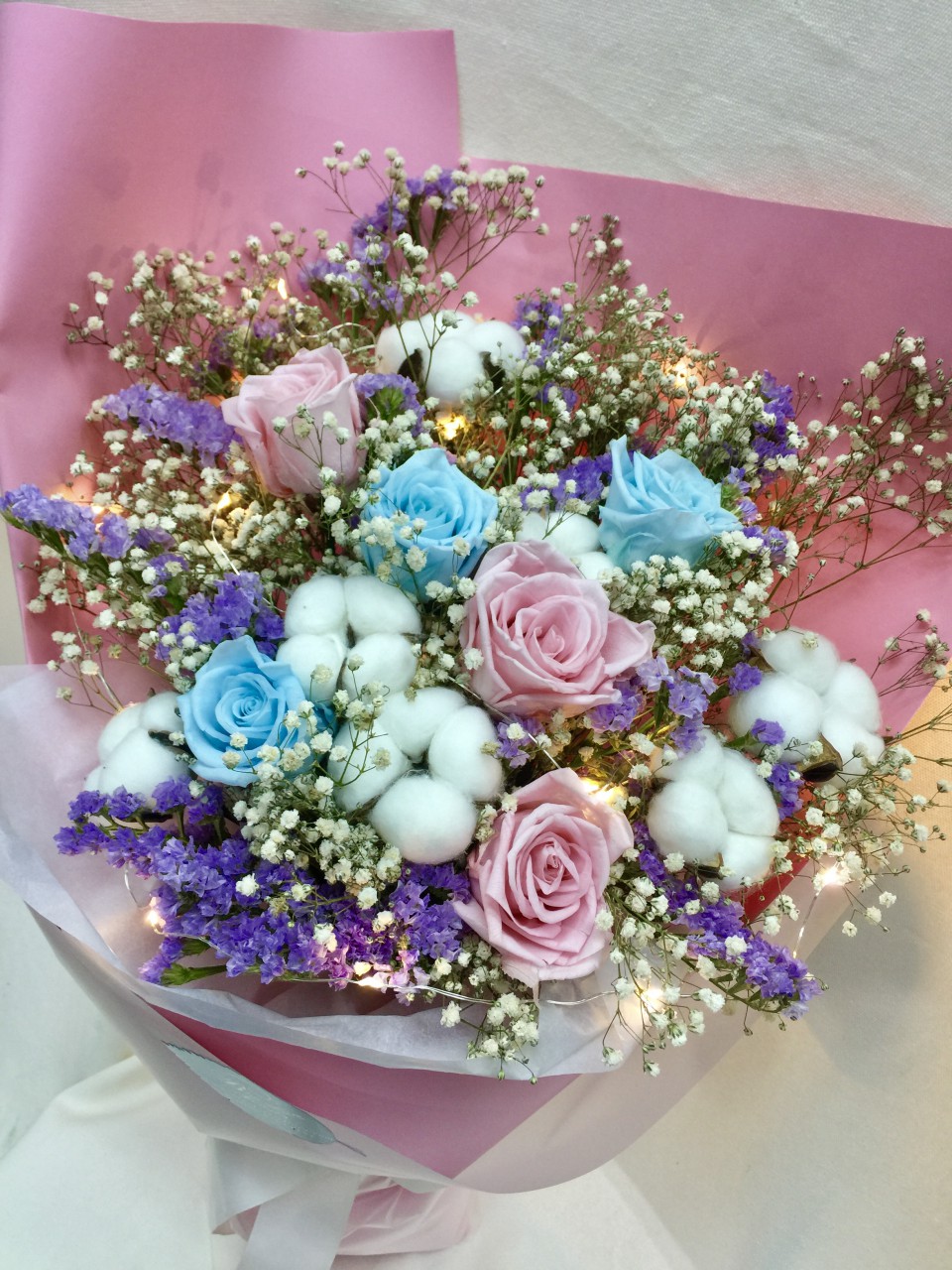 保鮮•愛*永不凋謝玫瑰保鮮花花束（淺藍色+粉紅色）*